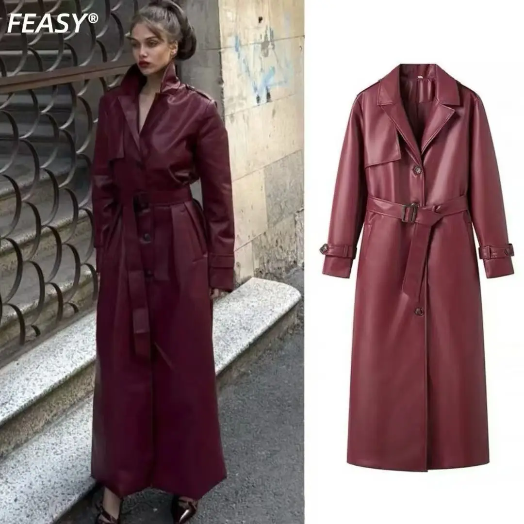 winter Women's Retro PU Belt Wine Red Long Trench Coat Elegant Sexy High-street Slim-fit Windproof Lapel Leather Outwear