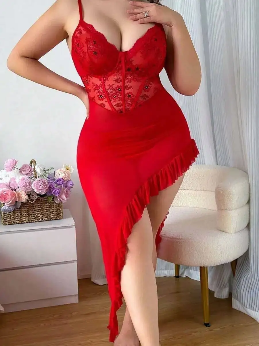 Chemise de nuit en dentelle rouge grande taille, maille transparente, ourlet à volants, écharpe pour femmes, romantique, saint-valentin, vêtements de nuit séduisants, robe élégante 5GUX
