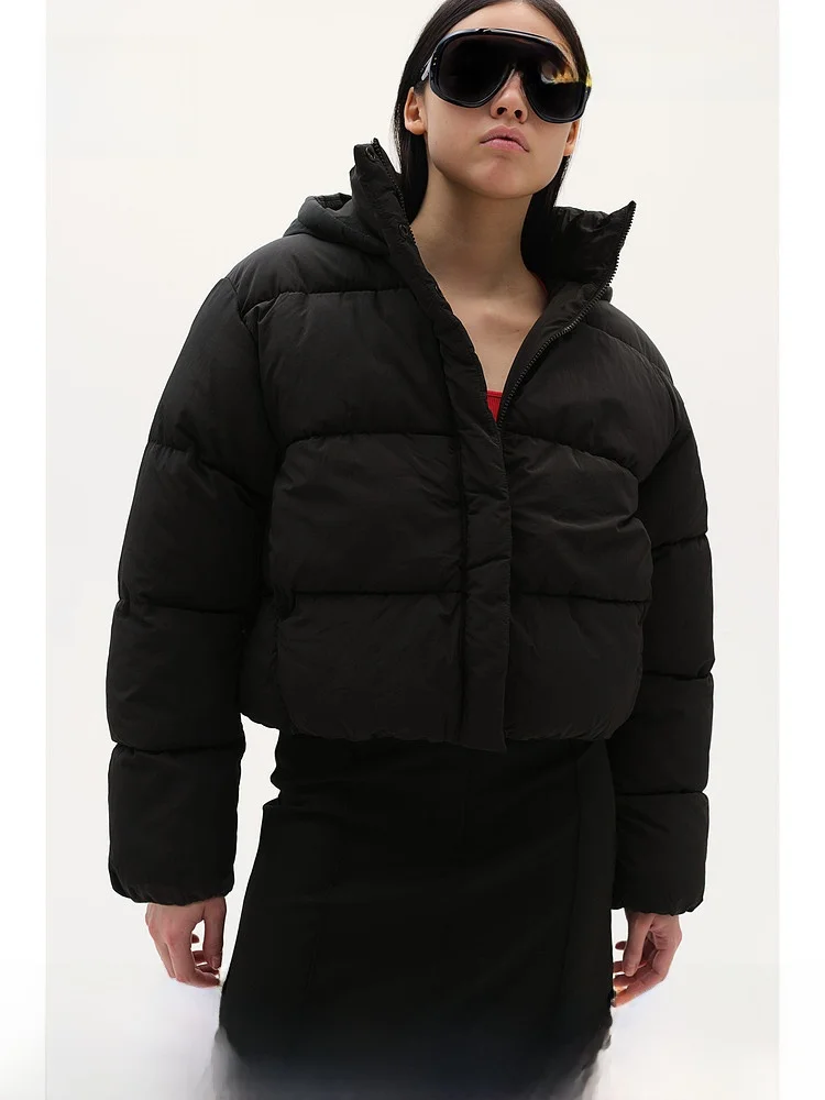 

Warm Fashionable High Collar Loose Fit Hooded Cotton Jacket Women's Outerwear Coat H&M 1228409 Winter Thermal Stylish OOTD