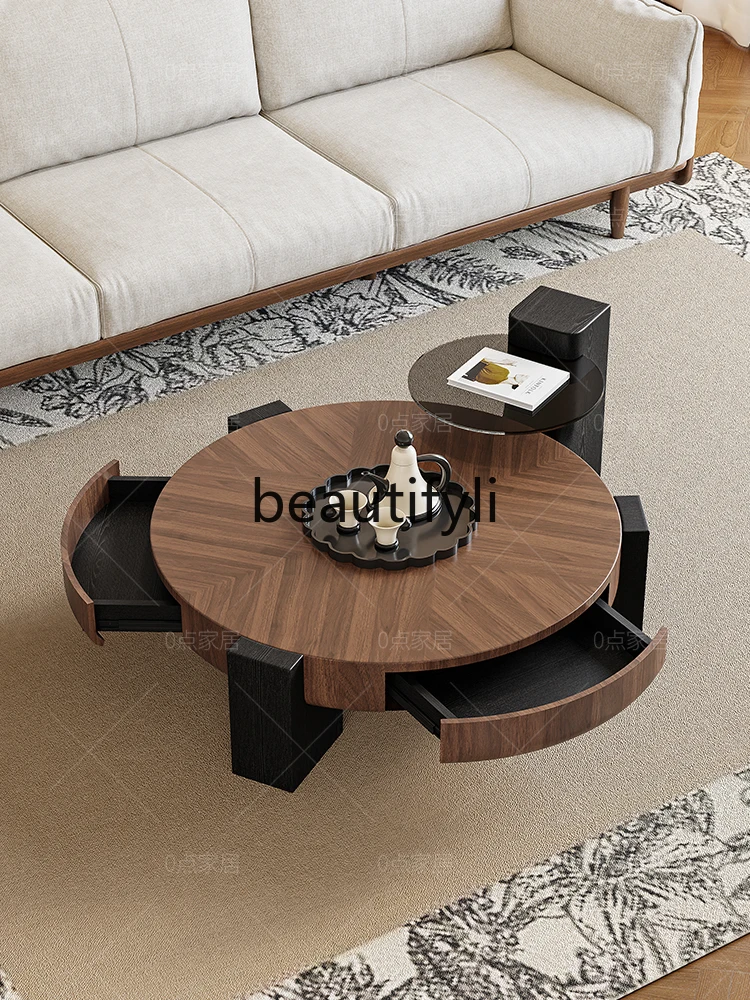 

Medieval style living room walnut color coffee table modern simple small apartment retro designer solid wood round edge table