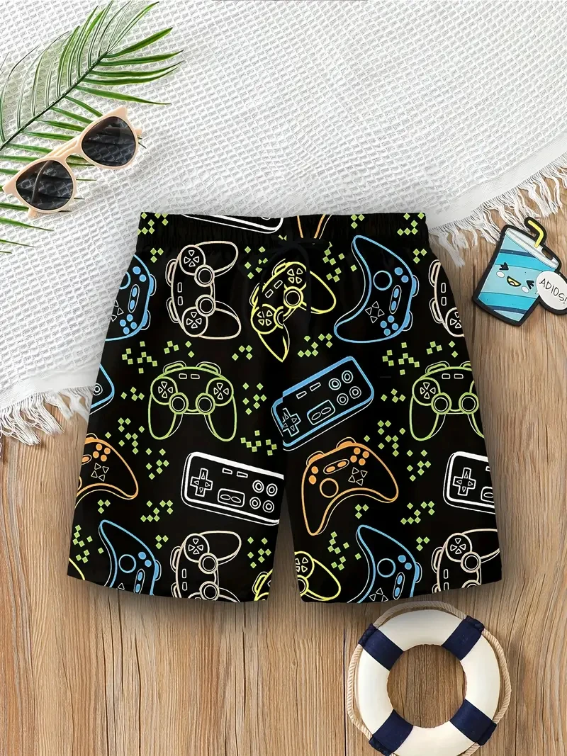 Męskie szorty kąpielowe z nadrukiem graficznym 3D, nowe letnie hawajskie szorty surfingowe z sznurkiem, wzór gamepadu, plażowe, 2025