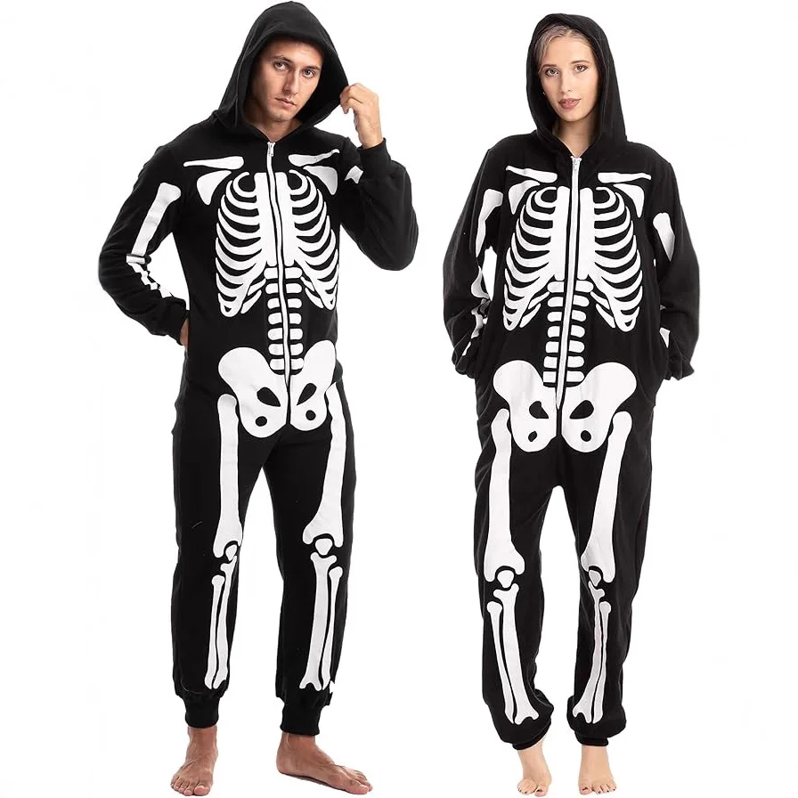 

Halloween New Adult Skeleton Glow in the Dark Costume, Black Bones Scary Cosplay European American Style Party