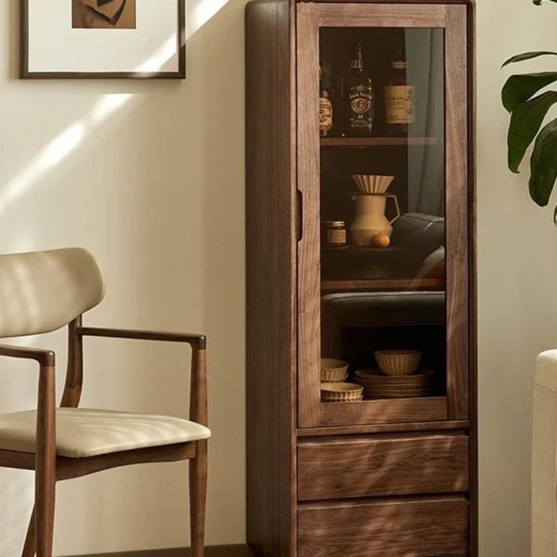 Black walnut wine cabinet Nordic simple solid wood vertical cabinet Home living room glass display locker