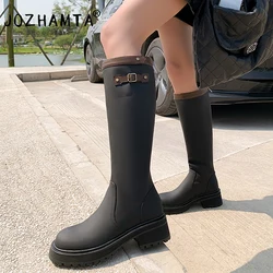 JOZHAMTA Size 34-40 Women Knee High Boots Genuine Leather Thick High Heels Winter Shoes For Women Buckle Platform Long Boots