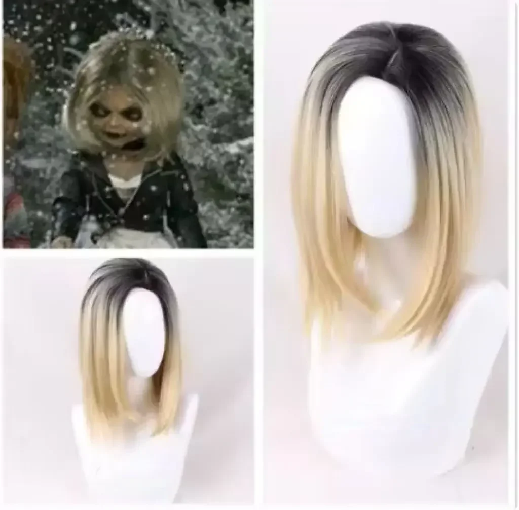 Halloween Anime Wigs Cosplay Bride of Chucky Hair Gradient Color Wig Rose Net Short Hair Headgear Accessories + wig cap Set