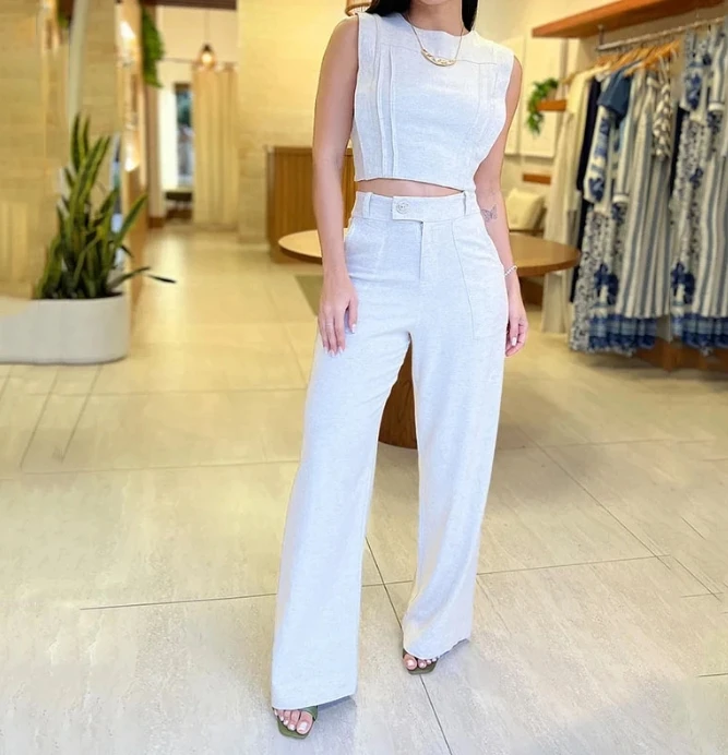 

New 2023 Summer Commuting Style Solid Fashion Round Neck Sleeveless Navel Exposed Short Top and Casual Pants Set for Women