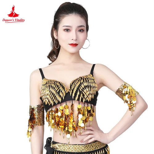 Sujetador de danza del vientre con lentejuelas, Top de rendimiento, ropa de danza del vientre DS, club nocturno, escenario, lentejuelas, sujetador con borlas, ropa de danza del vientre