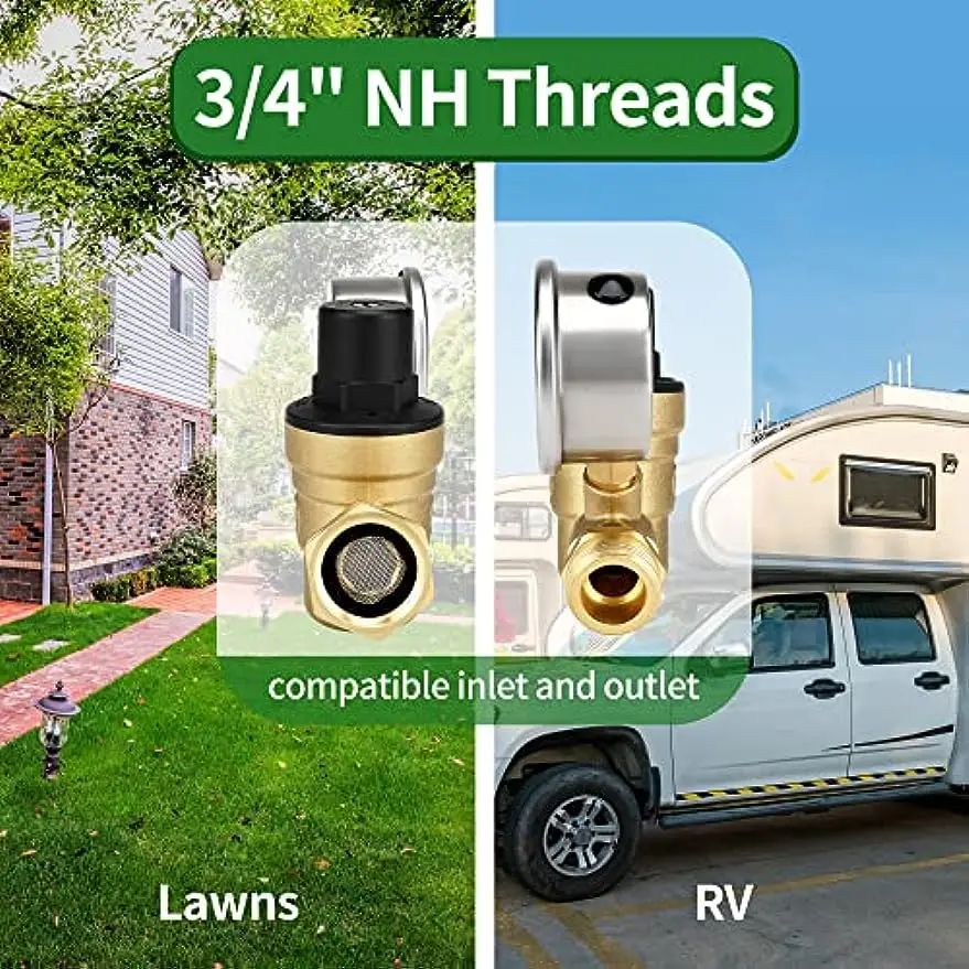 Регулируемый клапан регулятора давления воды RV, редуктор давления воды с манометром и фильтром входного экрана, латунный, без свинца