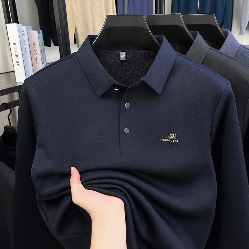 Autumn and winter fashion, plush, lapel polo shirt, skin friendly original, long sleeved T-shirt, comfortable men's clothing
