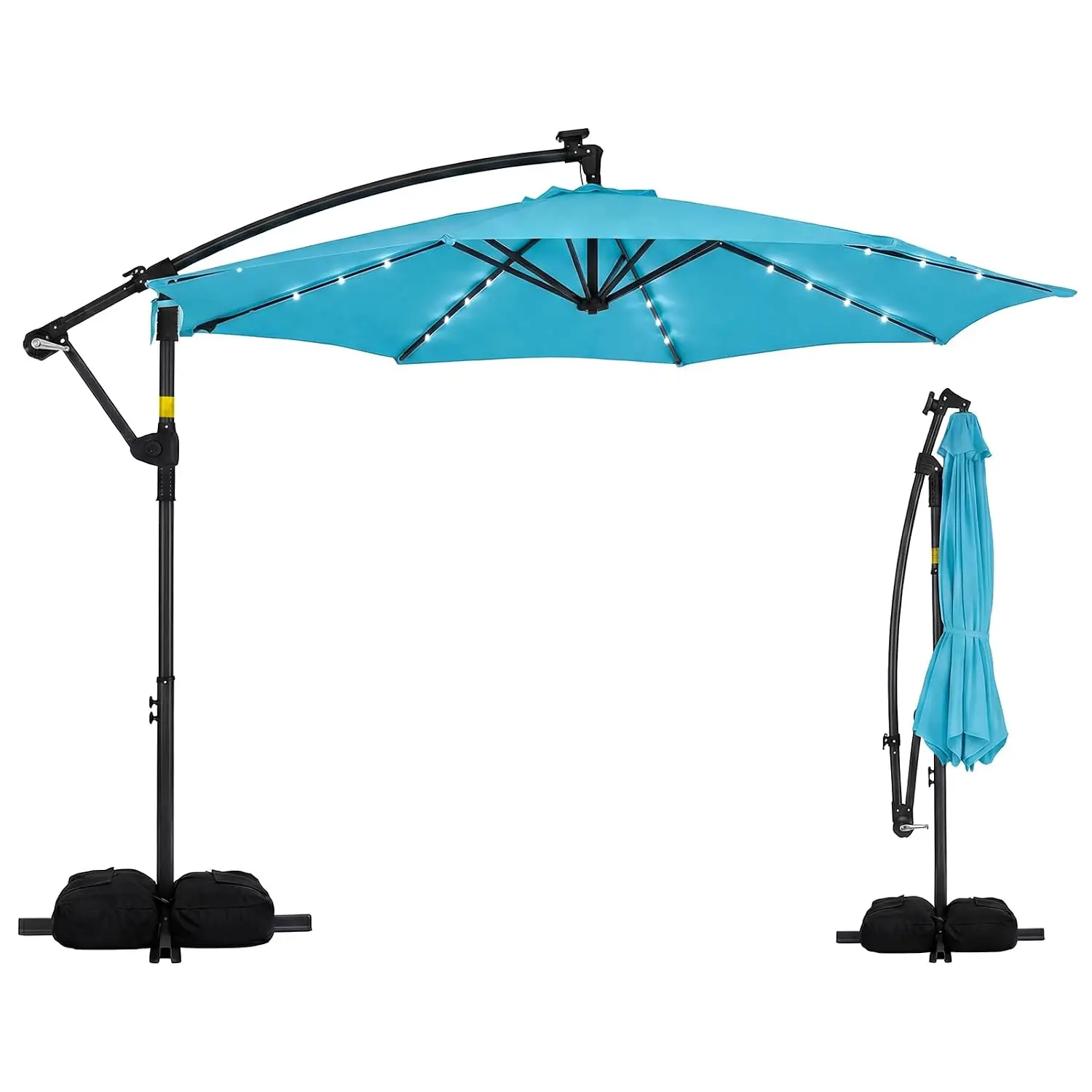 10ft Solar Offset Patio Umbrella with Base, 32 LED Lights, 360° Rotation, Sandbags, Crank Handle for Pool Deck, Customized