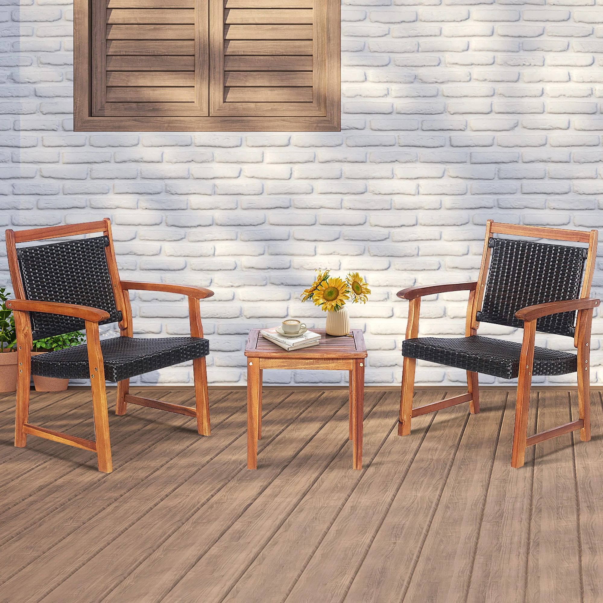 3PCS Patio Rattan Bistro Set Acacia Wood Frame Armrest Chairs Garden