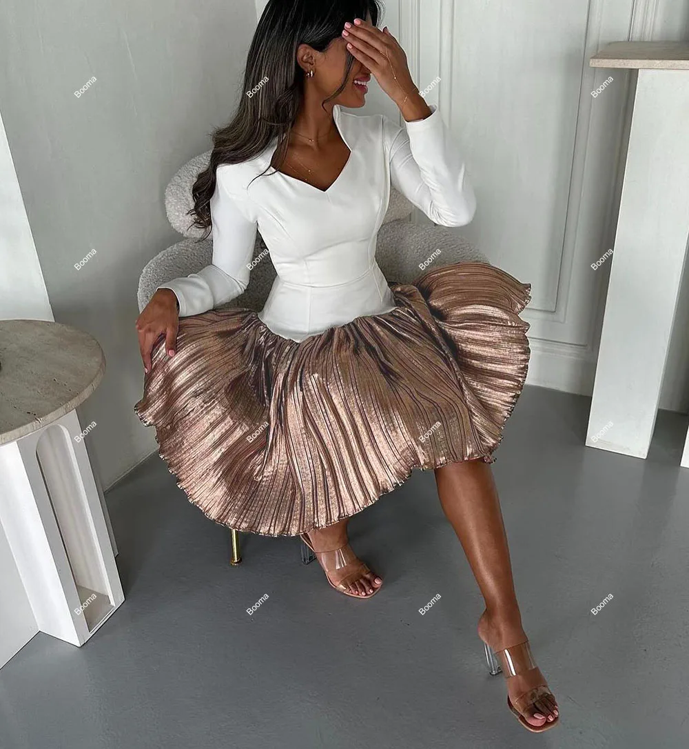 Booma A-Line Short Prom Dresses Full Sleeves Pleats Formal Occasion Dresses for Women Saudi Knee Length Evening Dress Customized image 2