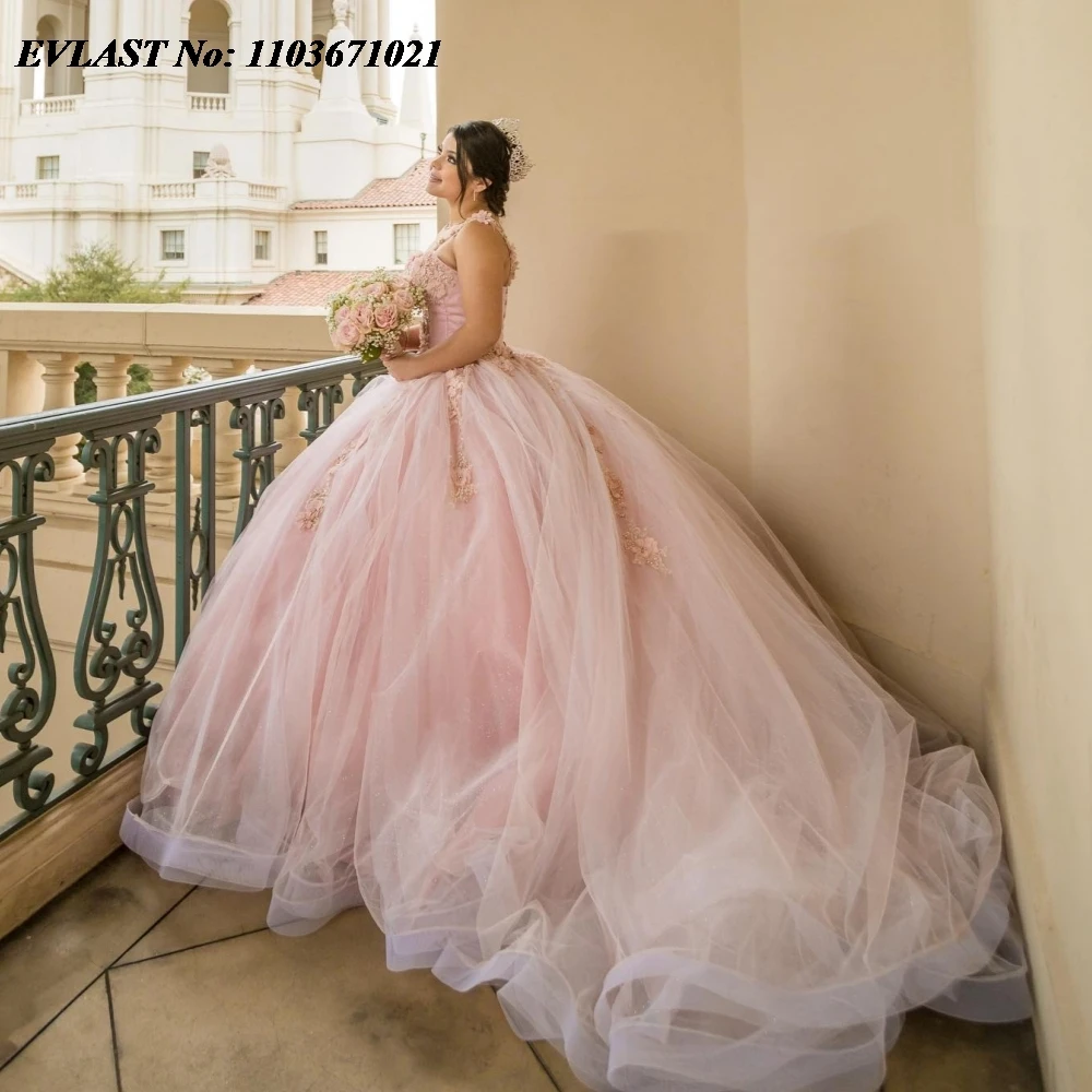 EVLAST personalizado Rosa vestido para quinceañeras vestido De baile Apliques De encaje con cuentas corsé mexicano dulce 16 Vestidos De 15 Anos SQ595