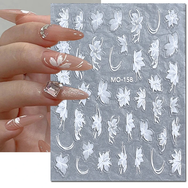 

5d Embossed Nail Art Stickers Hand Draw White Florals Clear Flowers Adhesive Sliders Decals Decorations For Nail Tips Manicures