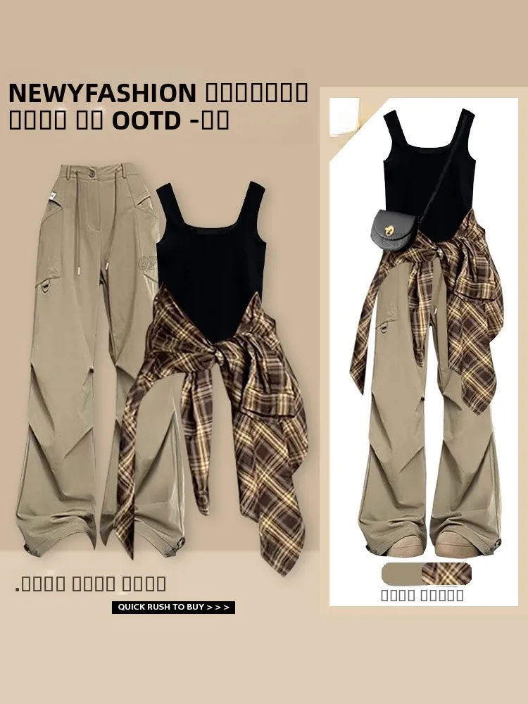 

Модный клетчатый комплект из рубашки и жилета для женщин: осенний новый костюм-тройка 2025 года, повседневная рабочая одежда, брюки для миниатюрных дам