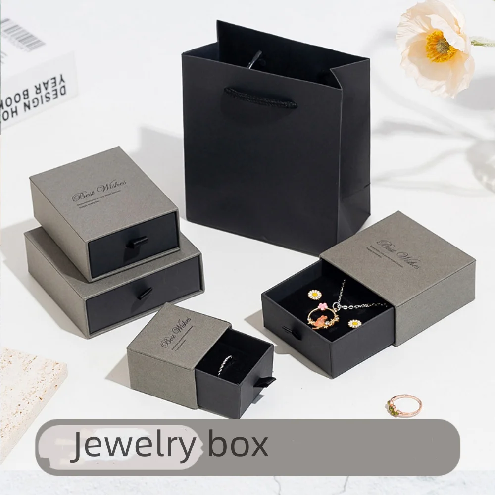 Premium Drawer Jewelry Packaging Box Necklace Rings Earing Bracelet Storage Organizer Display Stand Gray Paper Gift Handbag