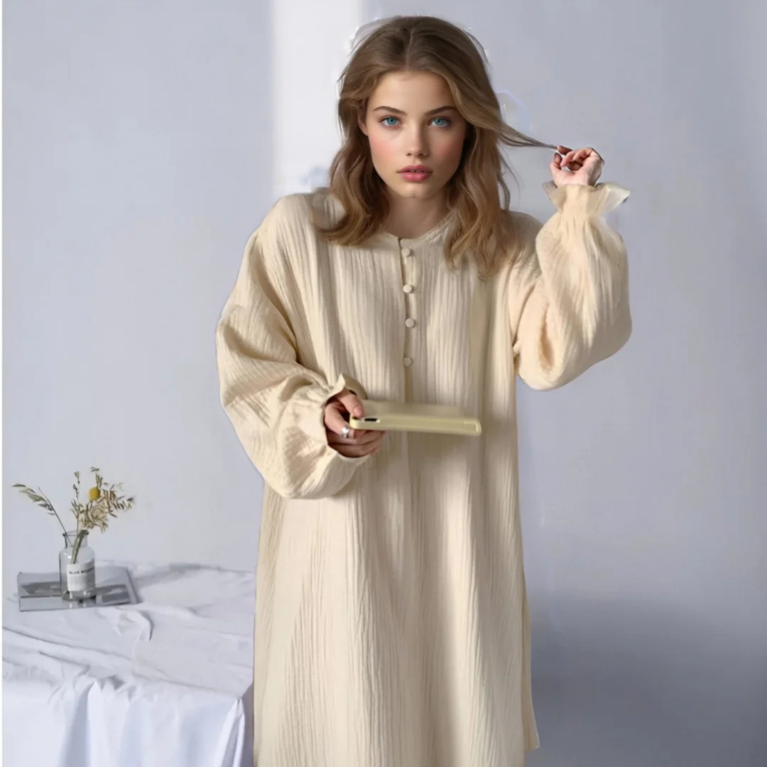 

100% Cotton Gauze Maxi Dresses for Ladies Solid Latern Sleeve Round Neck Button Up Home Dress Women Long Robe Soft Homewear