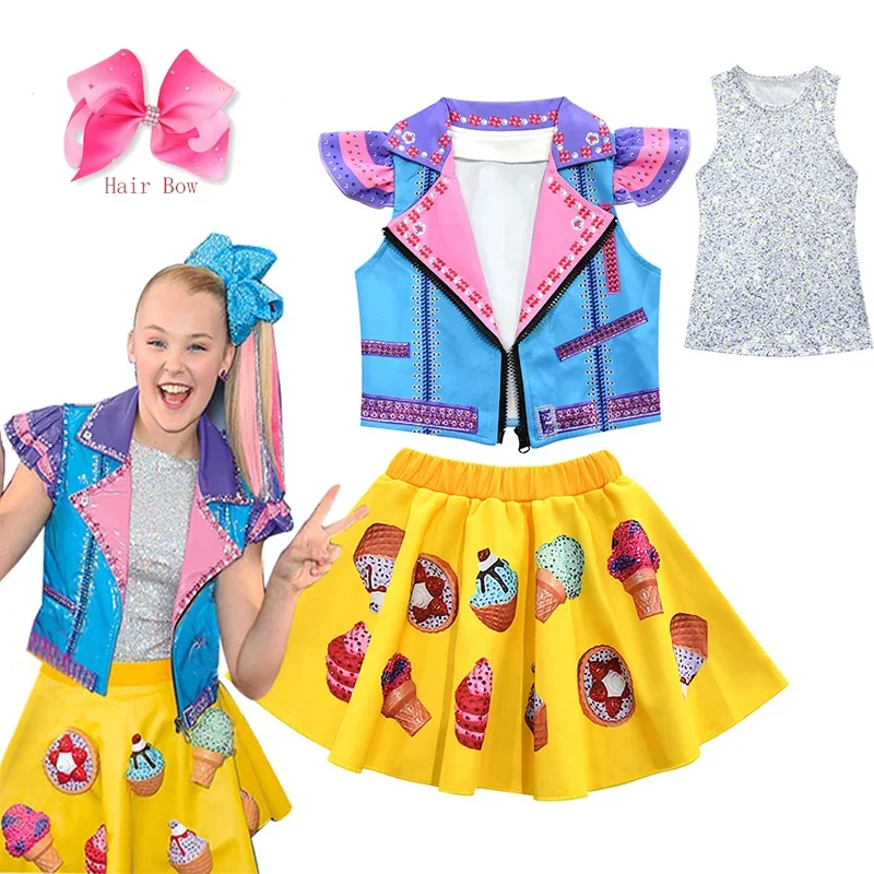 

Youtube Jojo Siwa Clothing 4pcs/Set Short Coat + Skirt + Vest+Hair bow Toddler Kids Summer Dress Birthday Party Cosplay Costume