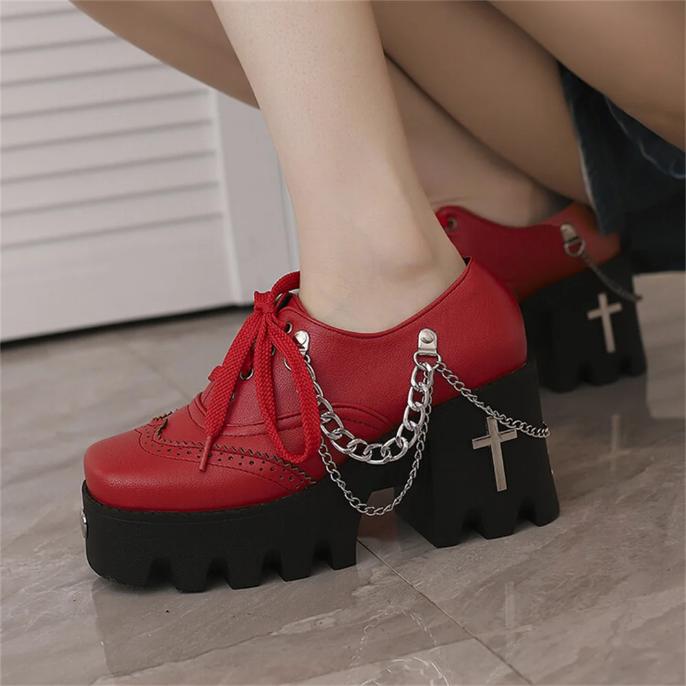 Gothic Lolita Punk Platform Shoes Goth Cute Metal Heart Block Carved Vintage British Chain Pu Women's Shoes