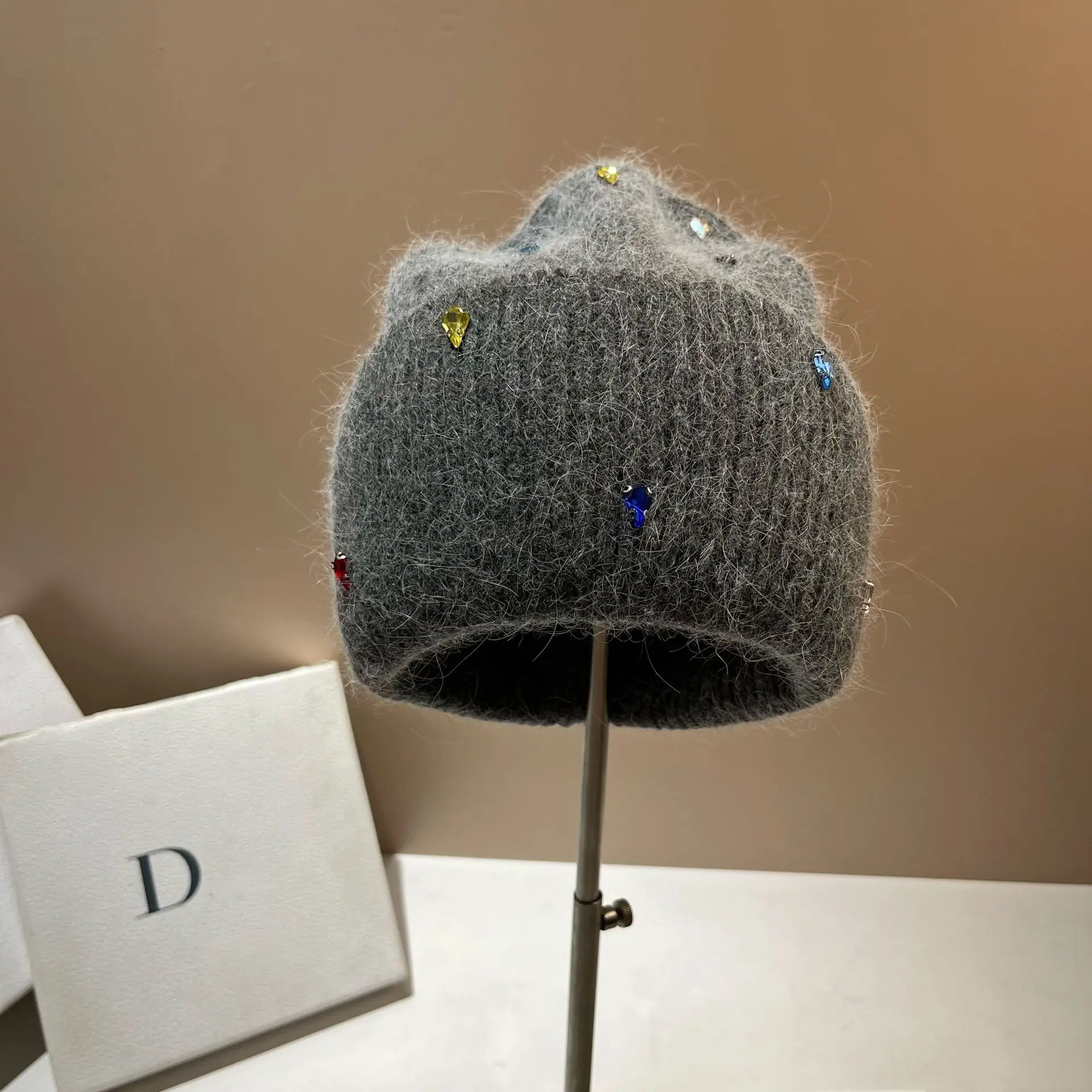 Colorful Rhinstones Winter Women Knitted Hat Real Rabbit Fur Warm Wool Skullies Beanies Ear Protection Outdoor Skiing Caps