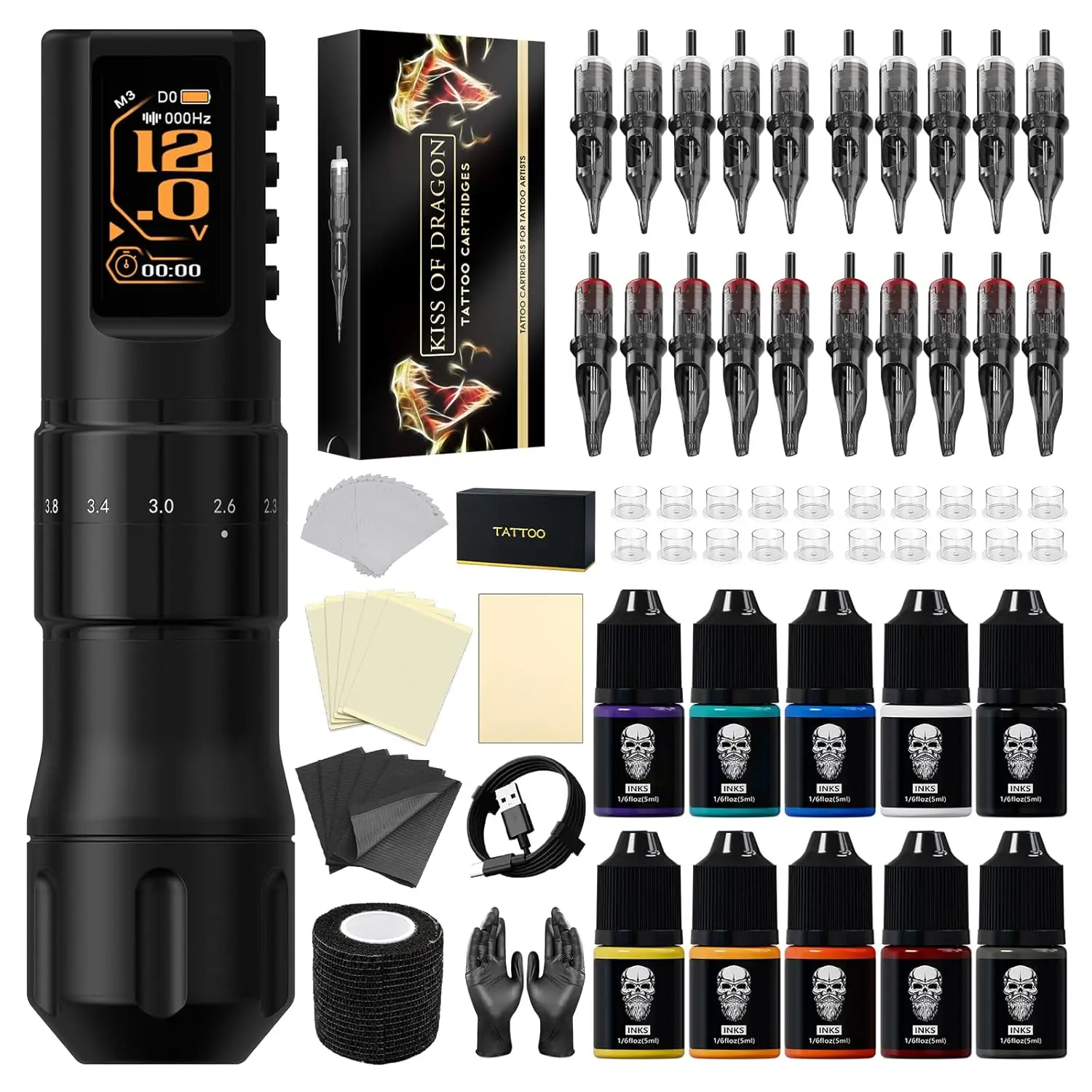 

Cordless Tattoo Machine Kit Adjustable Pen Strokes 2.0-4.2mm 1600mAh Battery Professional