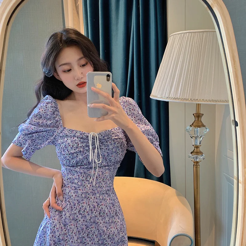 1950s Snowflake Retro Bubble Sleeve Square Collar Lock Buckle Dress Girl Style Flower New Chinese Style Women Clothing