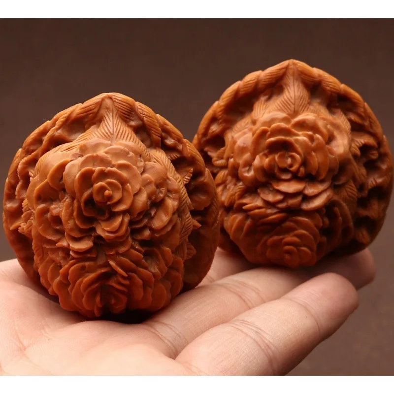 New Officer's Cap Flowering Hand Pieces Walnut Three-Dimensional Carved Peony Handball Crafts