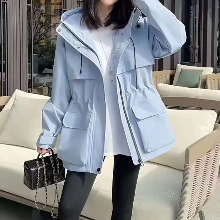 

2025 Spring And Autumn New Hooded Casual Coat Women's Drawstring Waist Windbreaker Loose Zipper Top