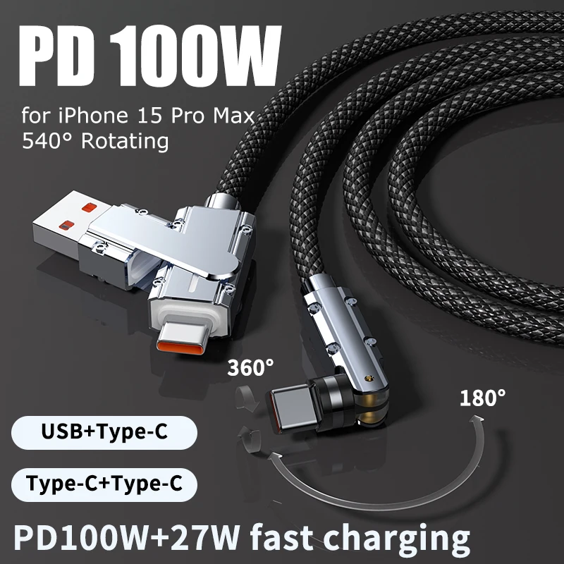 540 Degree Rotating 100W USB Type C to Type C Cable for iPhone 15 Pro Max USB Type C Fast Charging Data Cable for Huawei Samsung