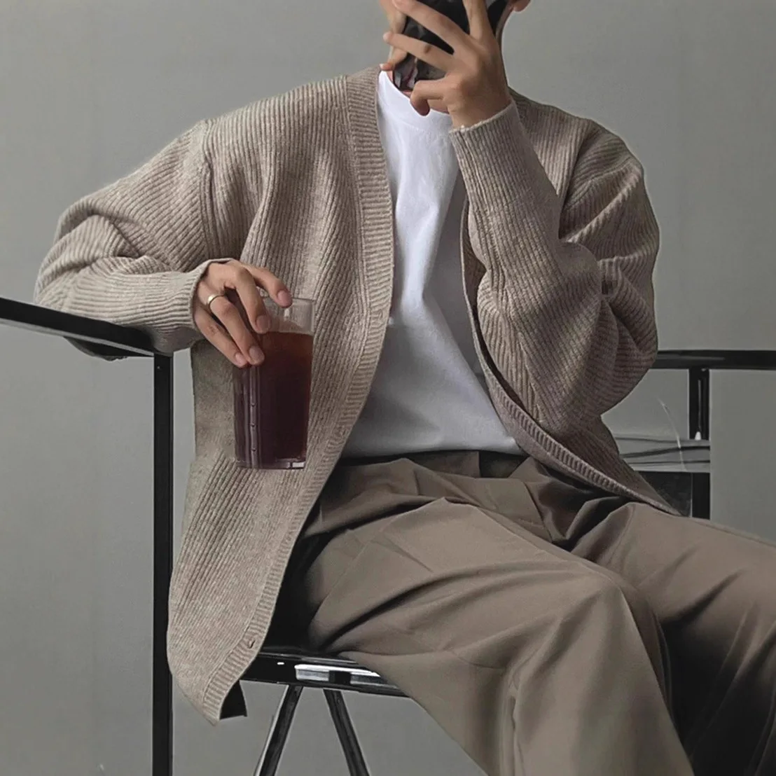 

Вязаный кардиган из пряжи, мужской тонкий свитшот с большим v-образным вырезом, пальто, однобортная куртка, кардиган