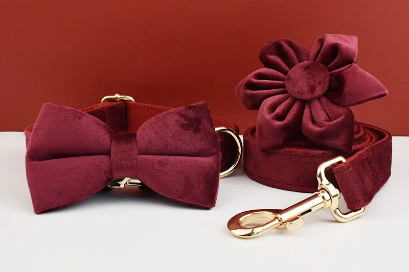 Rotes Weinrot-Samt-Hundehalsband und Leinen-Set für große Hunde, individuell graviertes Namensschild, Haustierzubehör, Hundeleine, Velvet07 – Detail 4