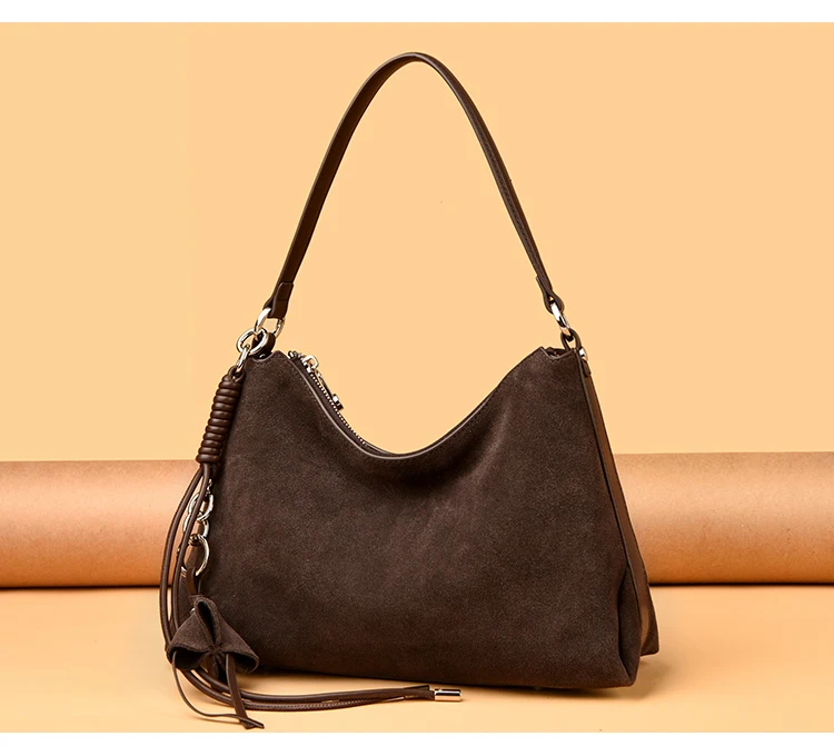 100% Echtes Wildleder Damen Schulter-Umhängetaschen Retro Echtleder Handtasche Designer Große Kapazität Pendler-Handtaschen – Detail 4