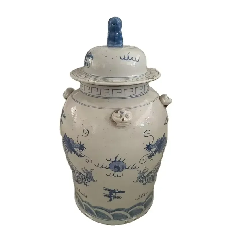 Handmade Art Deco Traditional Chinese Blue White Double Dragons Play Pearl Ball Porcelain Tabletop Vase Antique Ginger Jar