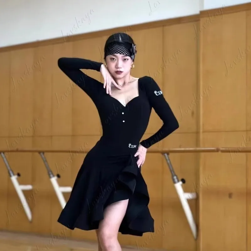 

Платье для латинских танцев с квадратным воротником, современный топ с длинными рукавами для латинских танцев, большая распашная юбка, художественное тестовое выступление