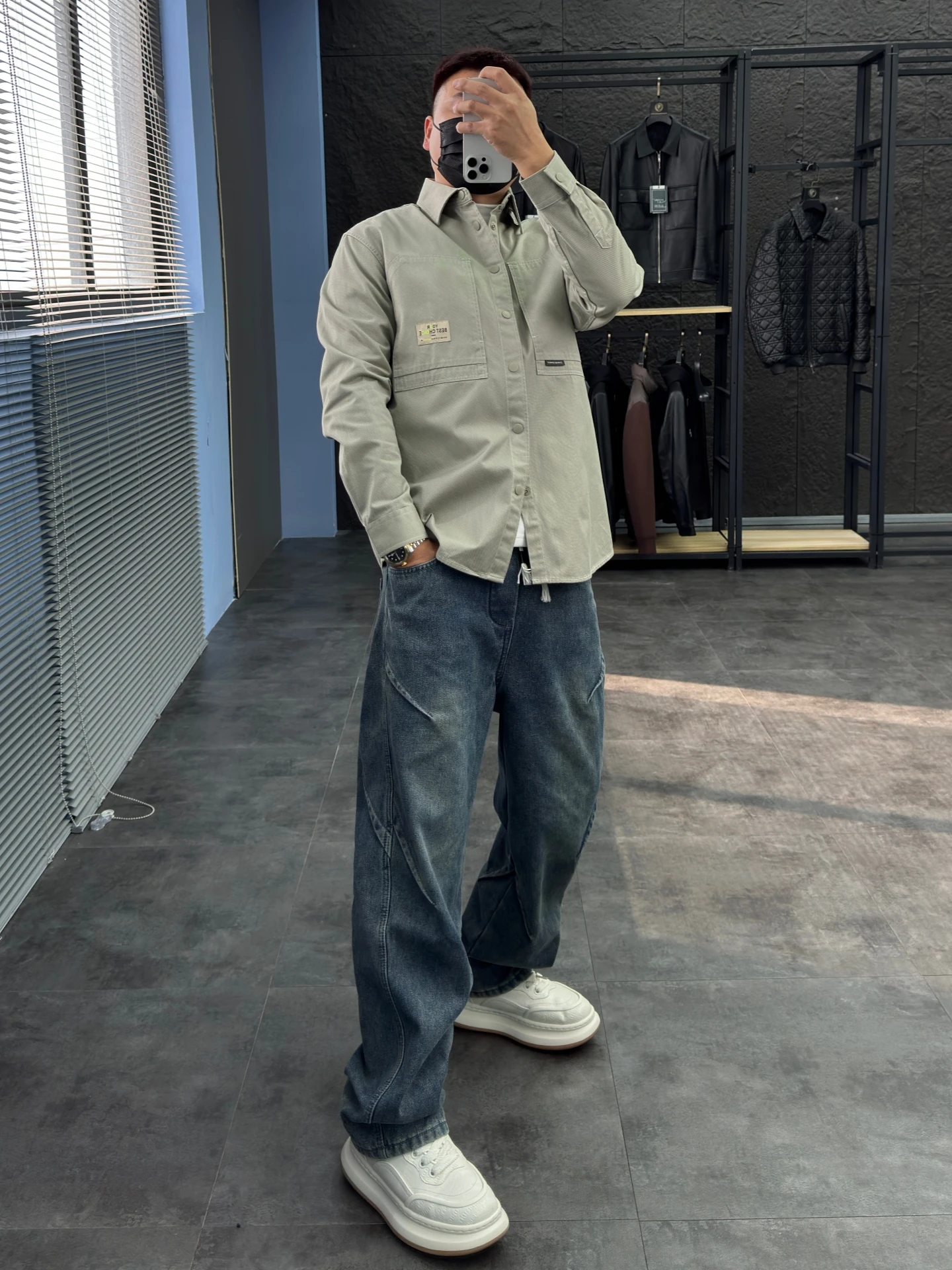 

American Sle Workwear Jaet 00% Cotton Casual Loose Fit Collared Men's irt Sle Coat Breathable Comfortable Spring Jaet