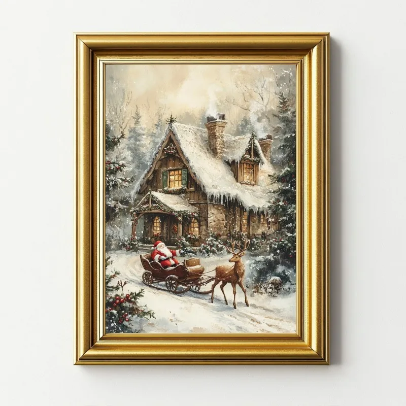 Vintage Santa Sleigh Reindeer Canvas Wall Art Snowy Winter Scene Christmas Farmhouse Holiday Wall Print Unframed Canvas Poster