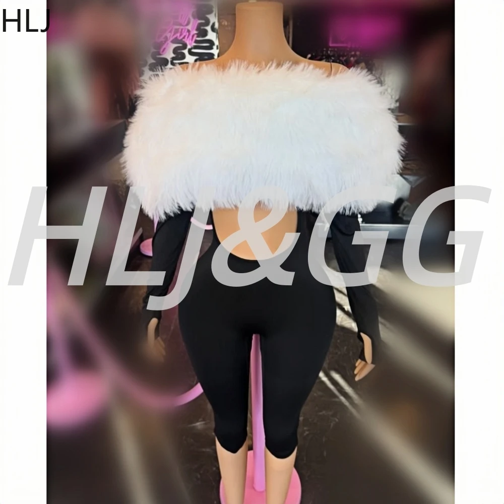 

HLJ Fashion Fur Splicing Hollow Bodycon One Piece Jumpsuits Women Off Shoulder Long Sleeve Slim Playsuit Sexy Overall Streetwear