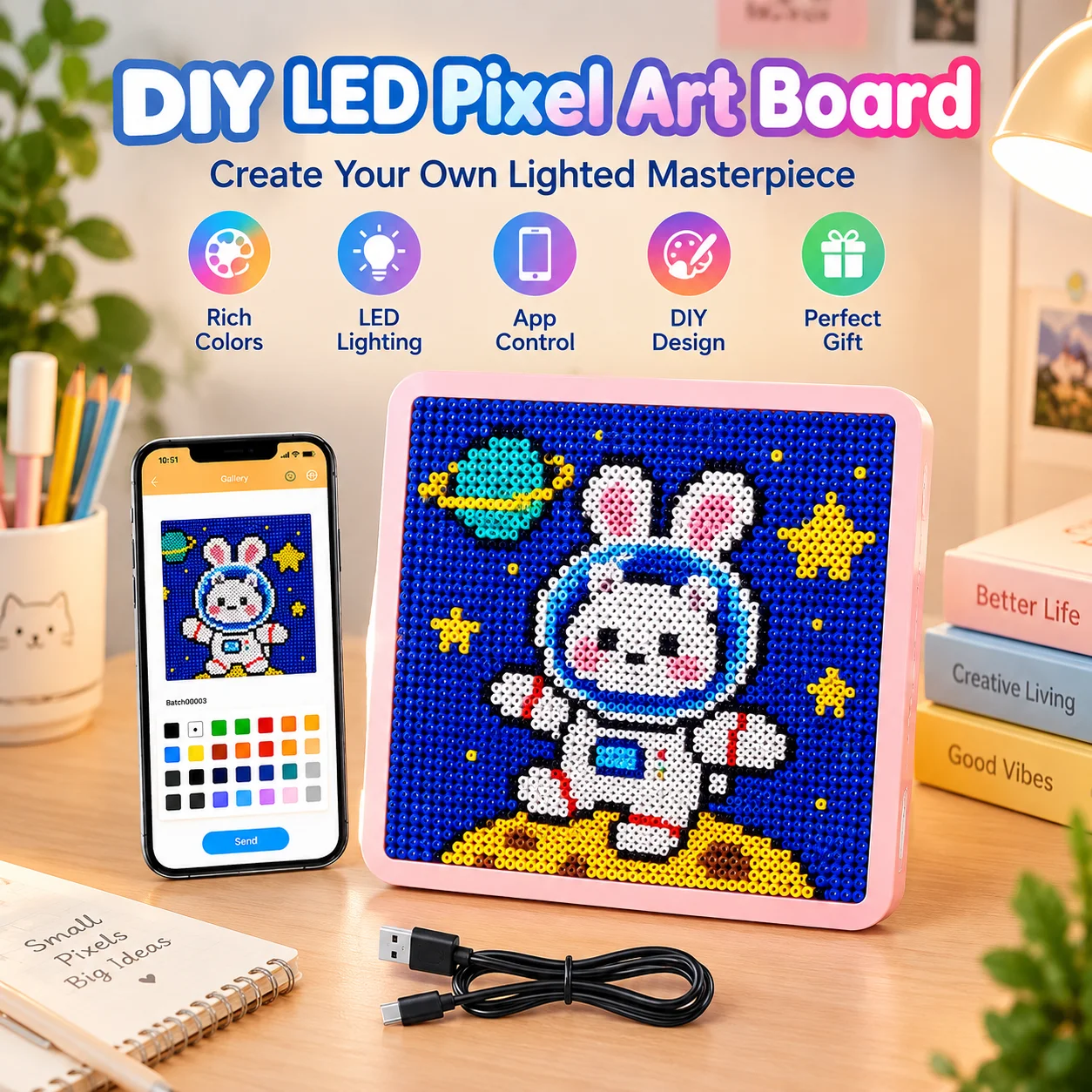 Electronic Smart LED Fuse Beads Pegboard Board with Smart APP Control DIY Melting Beads Craft Kit Creative Art Christmas