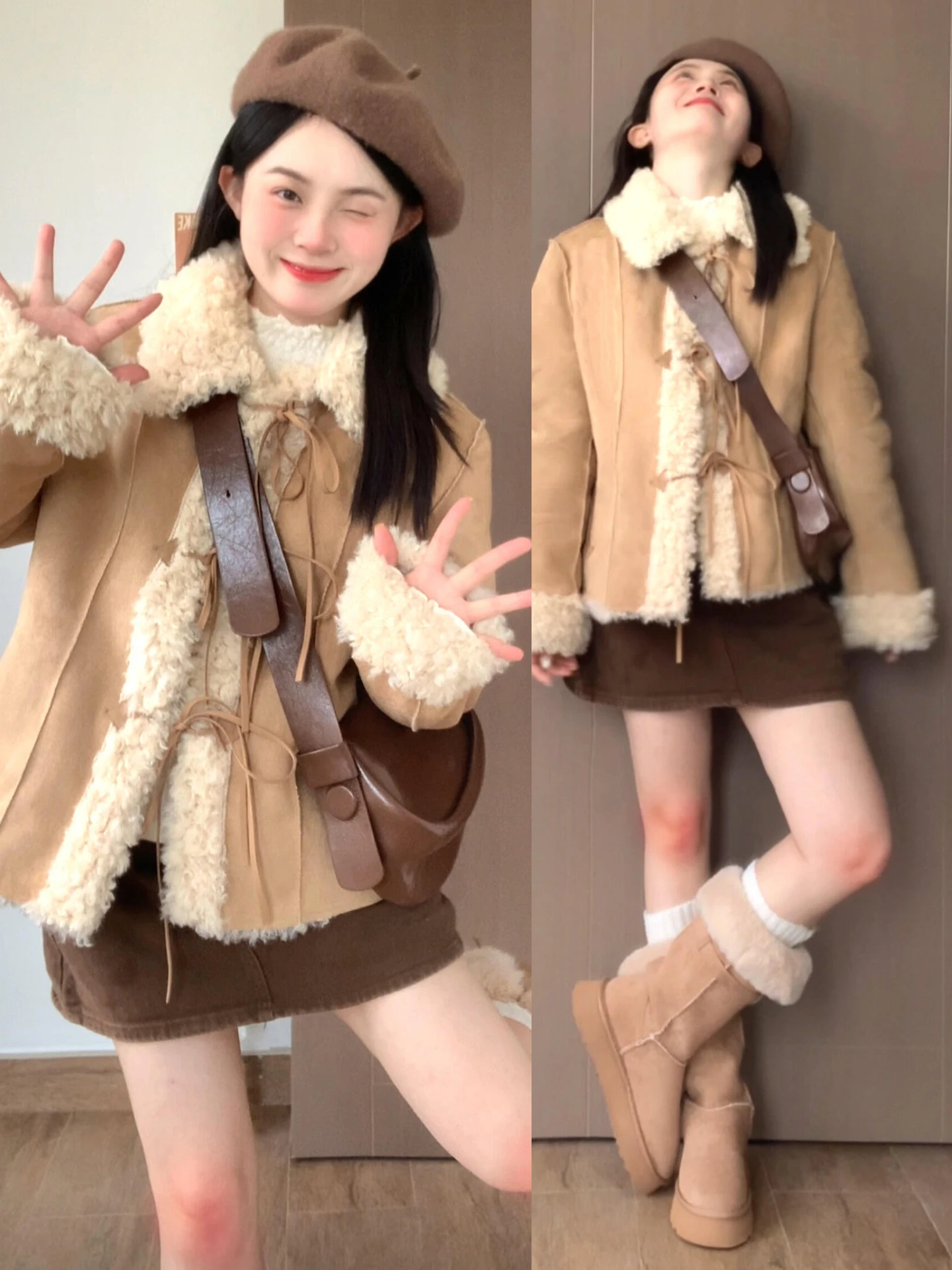 

Женская осенне-зимняя куртка из искусственной кожи и меха с воротником из овечьего меха, корейский стиль, маленький размер, теплая верхняя одежда