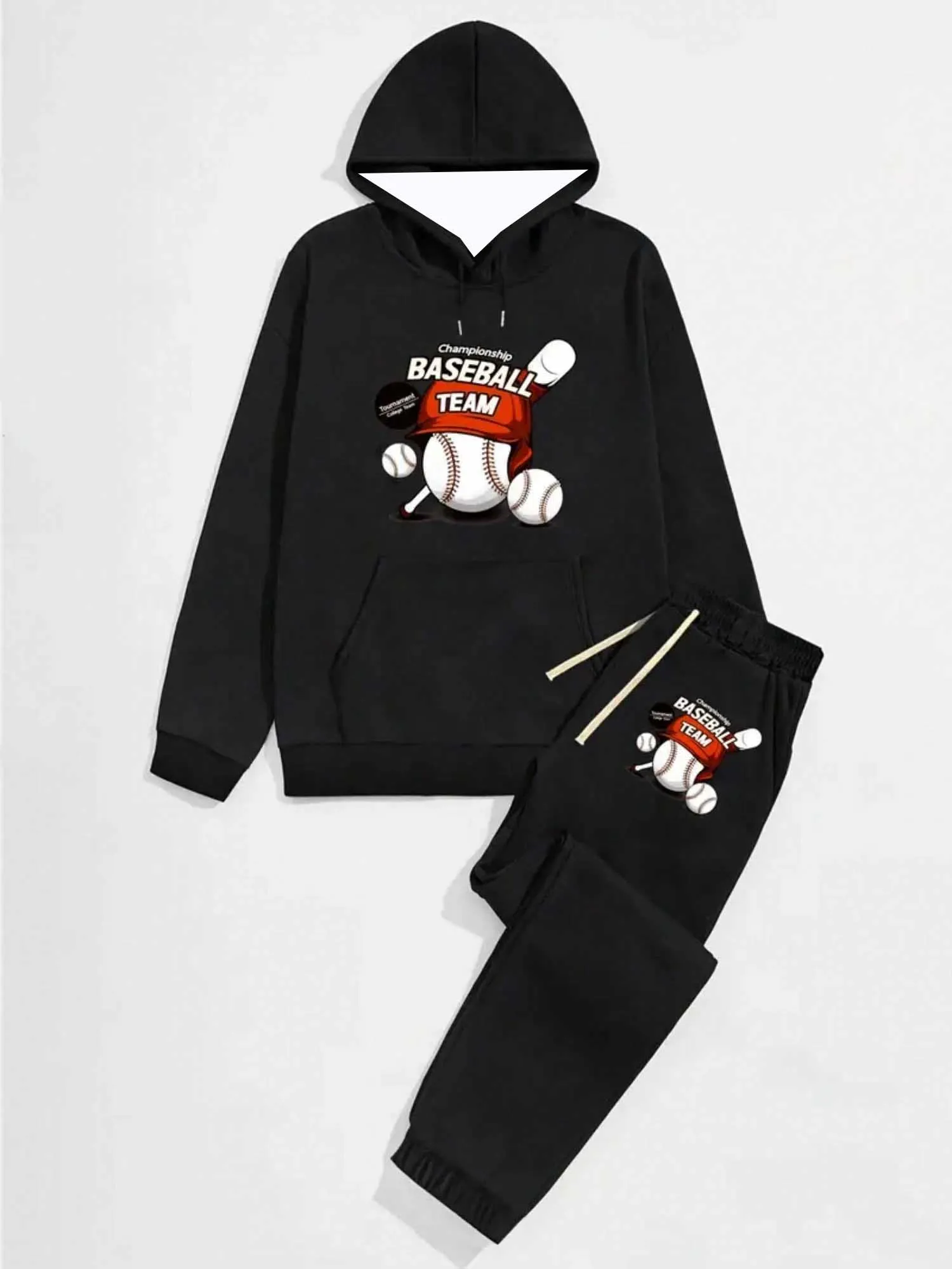 

2025-26, осенне-зимний новый мужской комплект Y2K, черная толстовка с капюшоном, бейсбольный спортивный комплект большого размера с 3D принтом, модный и досуг, комплект из двух предметов