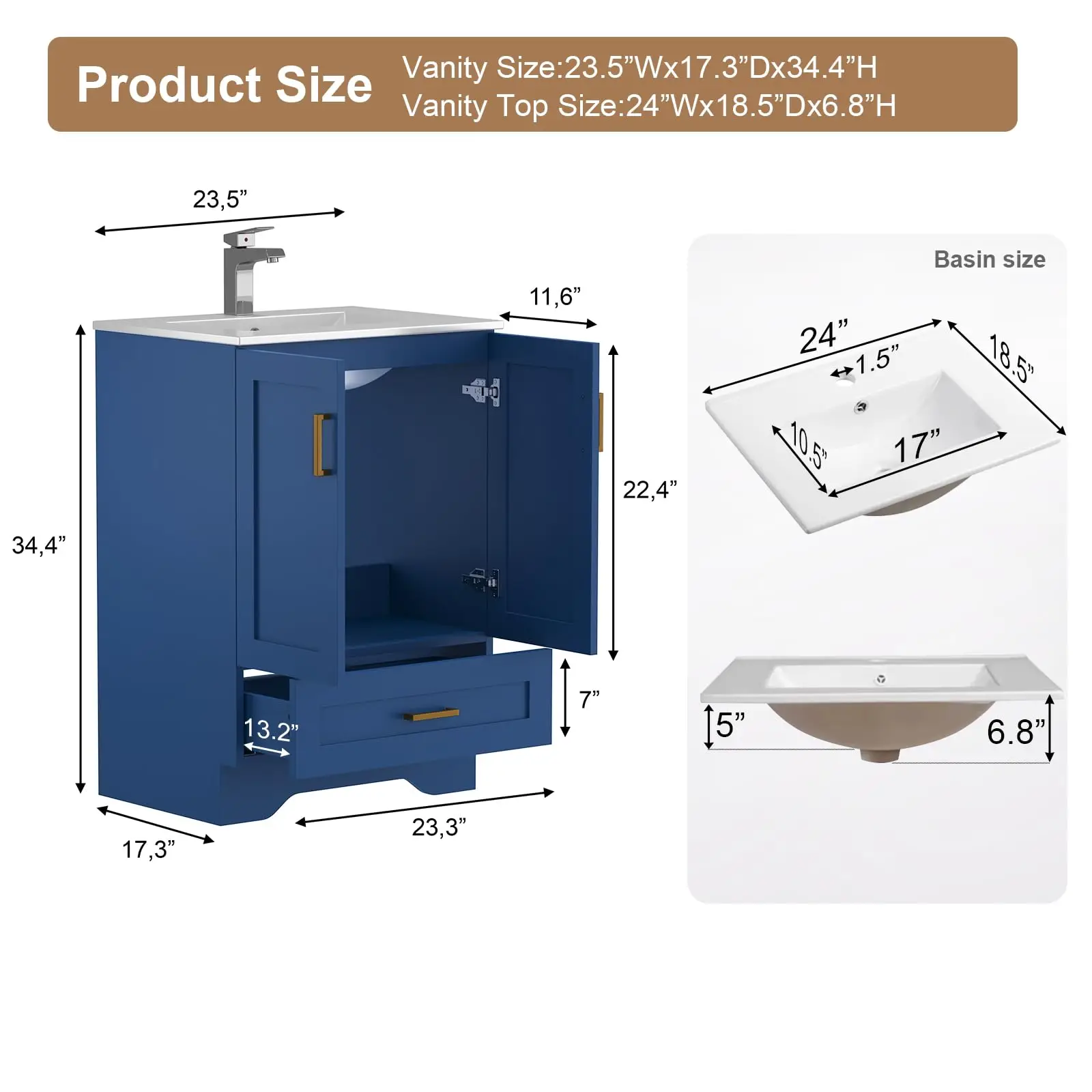 24 inch Bathroom Vanity with Sink, Modern Blue Vanity for Bathroom with Undermount Ceramic Sink, Freestanding 2-Door &