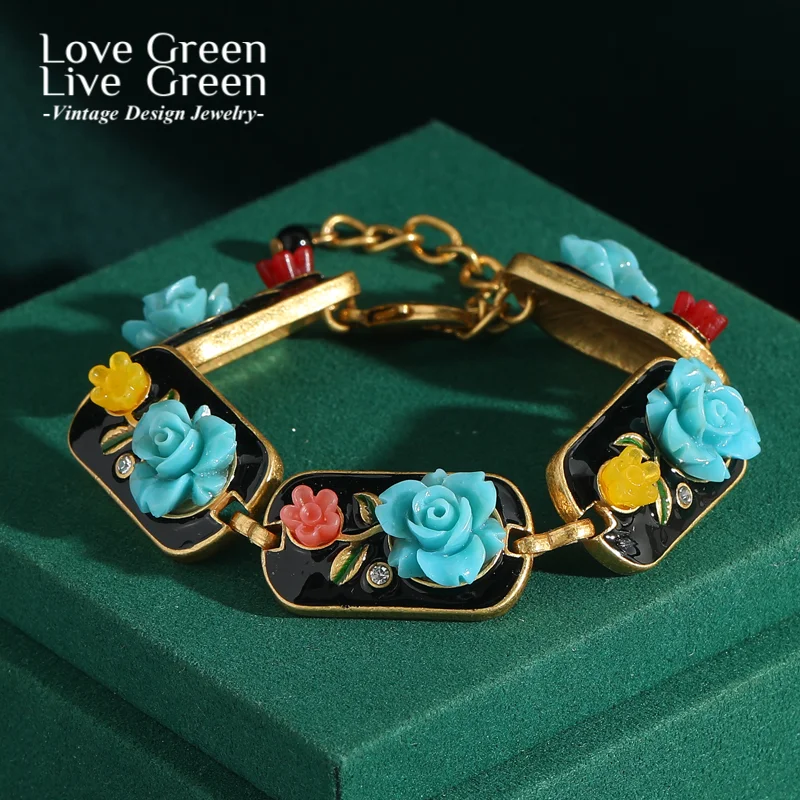 

Bohemian Vintage Relief Flower Bracelet Palace Style Black Gold Color Jewelry Beach Accessories Luxury Brand Thanksgiving Party