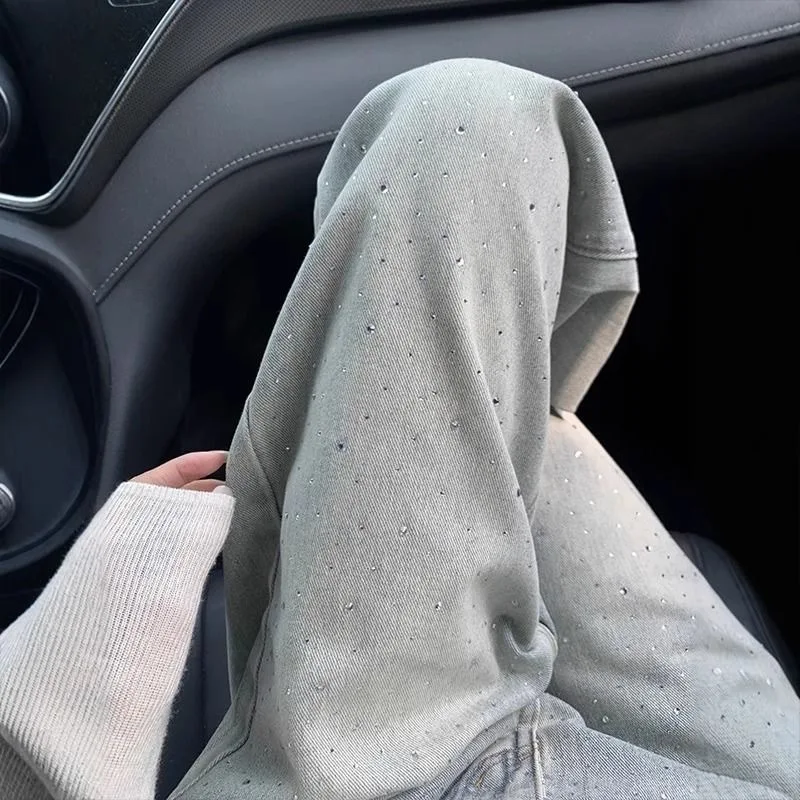 

Spring Retro Light Colored Heavy Rhinestone Women Straight Leg Denim Jeans Women's Casual High Waist Slimming Wide Leg Pants