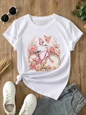 Women's Aesthetic Graphic Tee Floral Butterfly Print Unique Pattern Pure Cotton Loose Fit Short Sleeve Cool Casual Top For Women Daily Wear