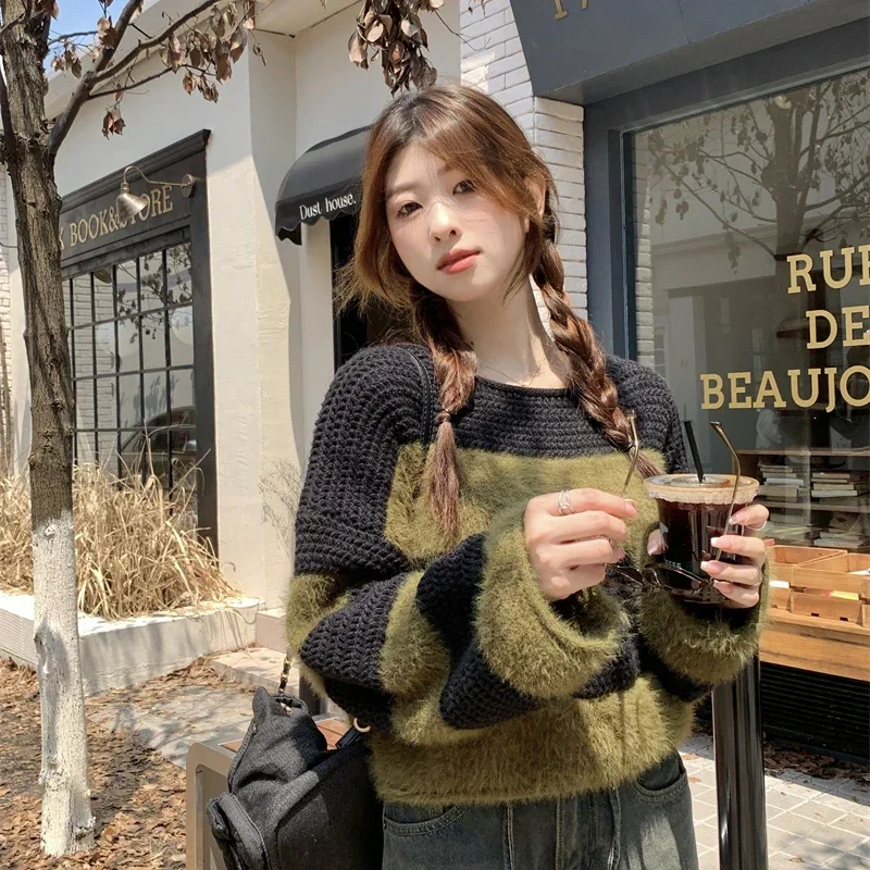 

Autumn New Korean Fashion Pullovers Women Niche Chic Striped Color Clashing Versatile Sweater Soft Vintage Loose Tops Female