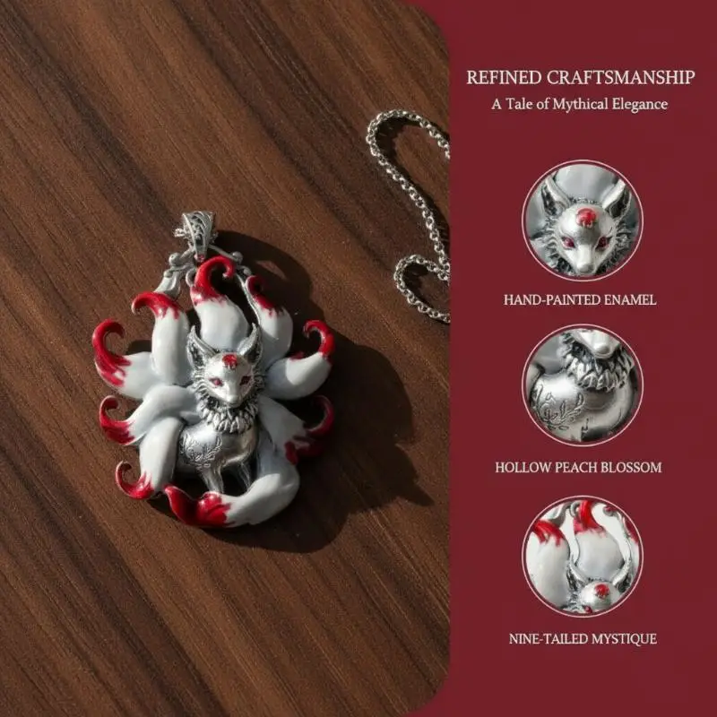 Chinese Elements Multicolored Enamel Water Red Nine Tailed Fox Pendant Necklace Womens High End Banquet Jewelry