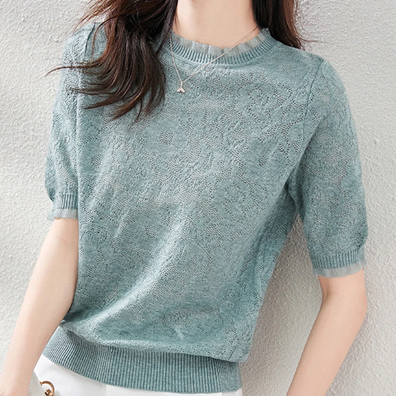 

Fashion Summer Short Sleeve Knit Sweater Women Pullover Blusas Mujer De Moda 2024 Verano O-Neck Knitted Women Sweater Tops G629