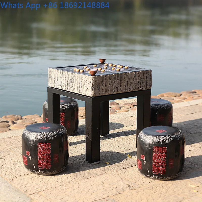 

Stone Bench Courtyard Garden Outdoor Leisure Antique Style Go Chess Stone Carving Chessboard Table