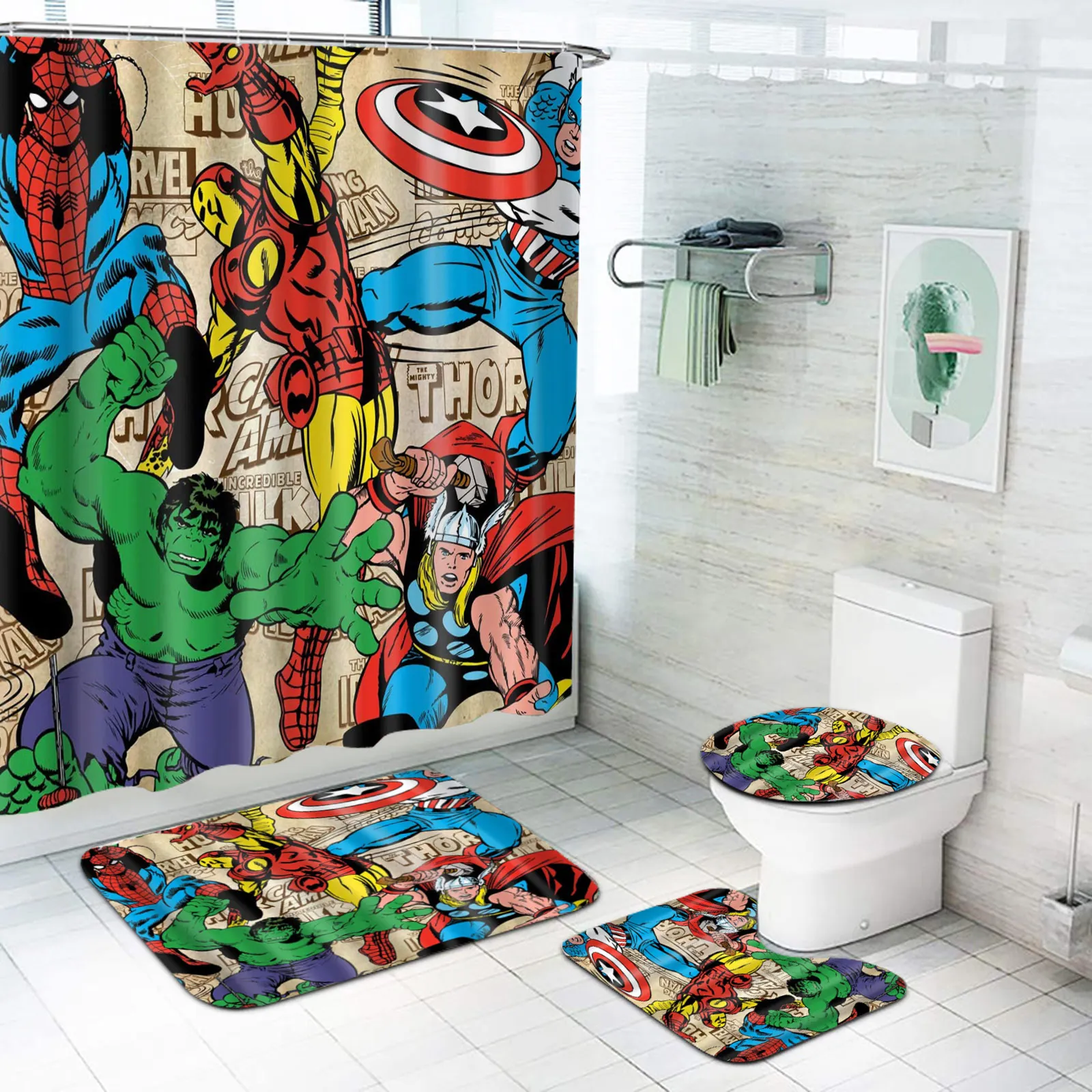 Avengers Anime Abstract Printed 4 Piece Shower Curtain Mats Bathroom Sets Full Set Accessories Luxury Curtains Home Decor