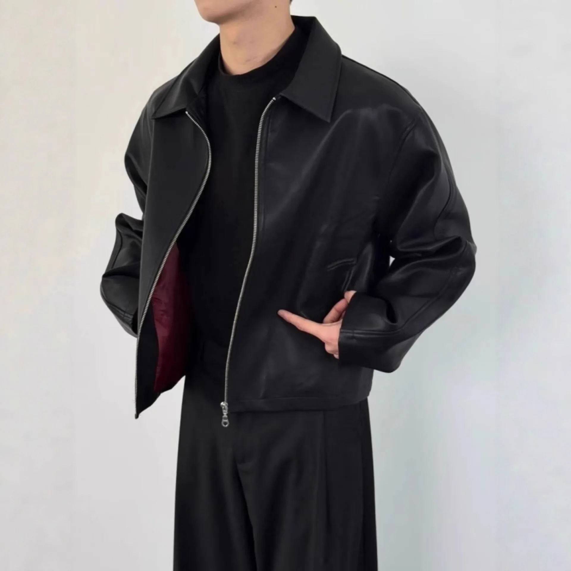 American Style Men Black Solid Color Simple Basic Casual Trendy Daily Turn-down Collar Long Sleeve Zipper Faux Leather Coats